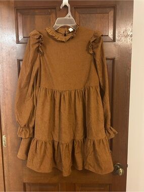 SHEIN Brown Ruffle Long-Sleeve Tiered Dress